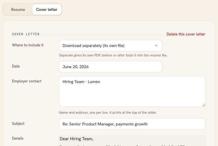 The cover letter tab in the editor, with fields for the date, the employer contact and the letter