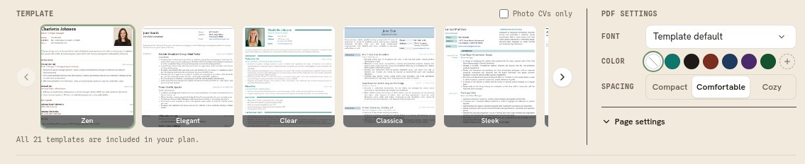 The Preview and Download design bar, with the template strip and the PDF settings box