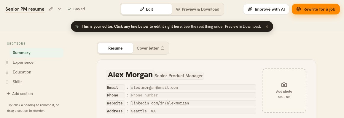 The Resumonk editor, with the Sections list down the left, the Edit and Preview & Download switch at the top, and the Resume and Cover letter tabs above the resume