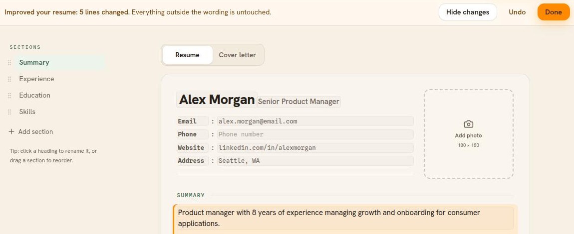 The editor with See what changed on, tinting a rewritten summary block