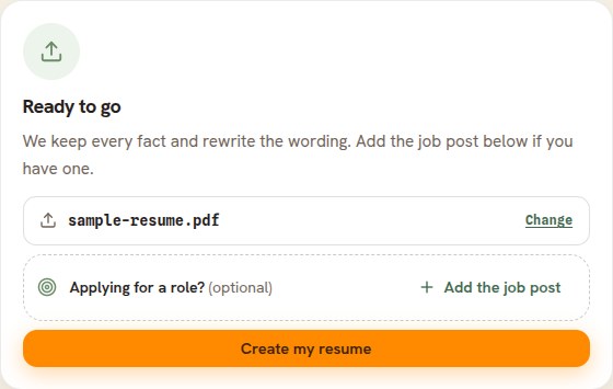 The upload card after a file is chosen, reading Ready to go with the file name and a Create my resume button