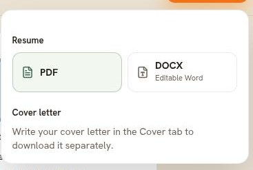 The download panel, with PDF and DOCX buttons for the resume and a cover letter section
