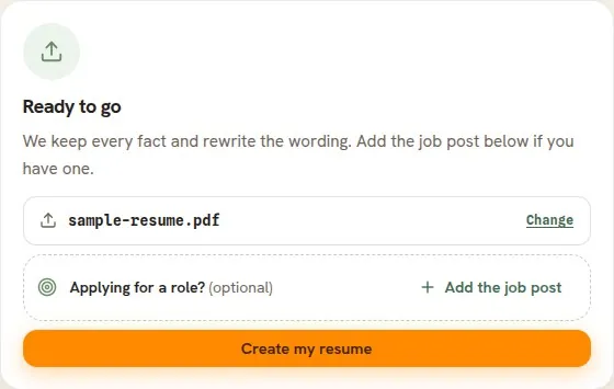 The upload card after a file is chosen, reading Ready to go with the file name and a Create my resume button