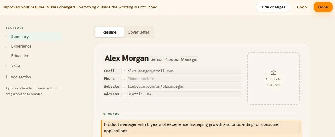 The editor with See what changed on, tinting a rewritten summary block
