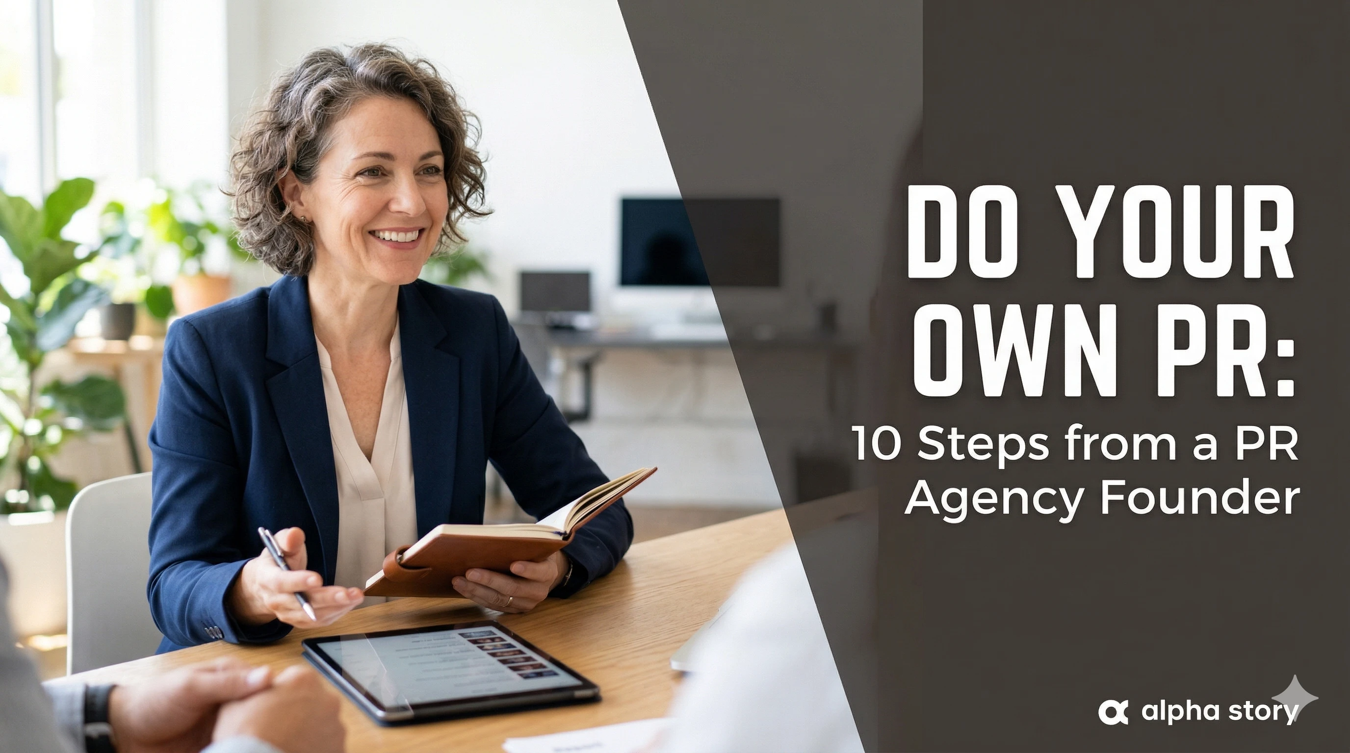 Startup founder preparing a PR pitch at a desk with a laptop and media list