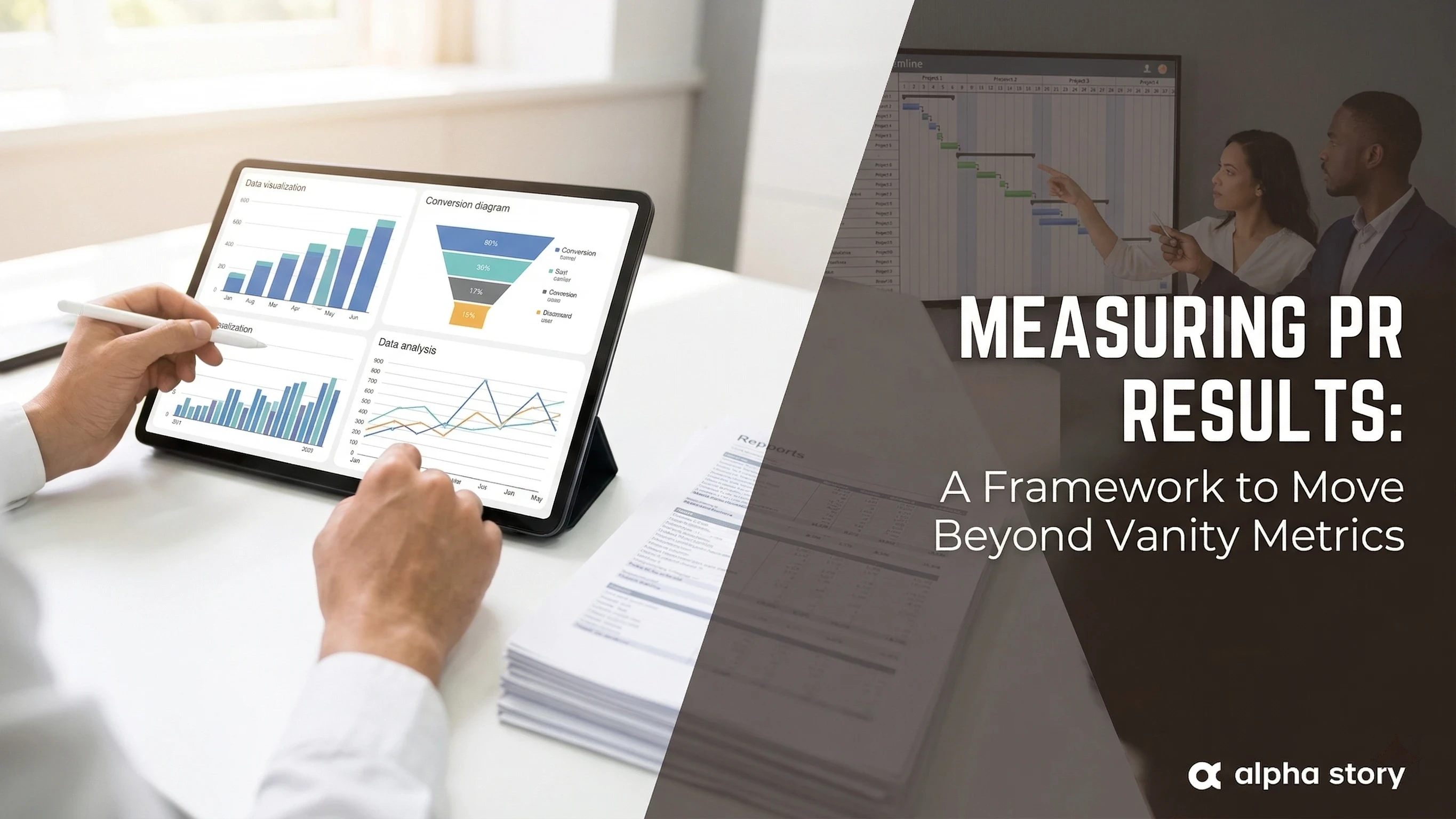 PR measurement dashboard showing media coverage metrics and business outcomes