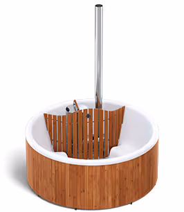 Wood-paneled round hot tub with a central metal chimney and built-in wooden backrests.