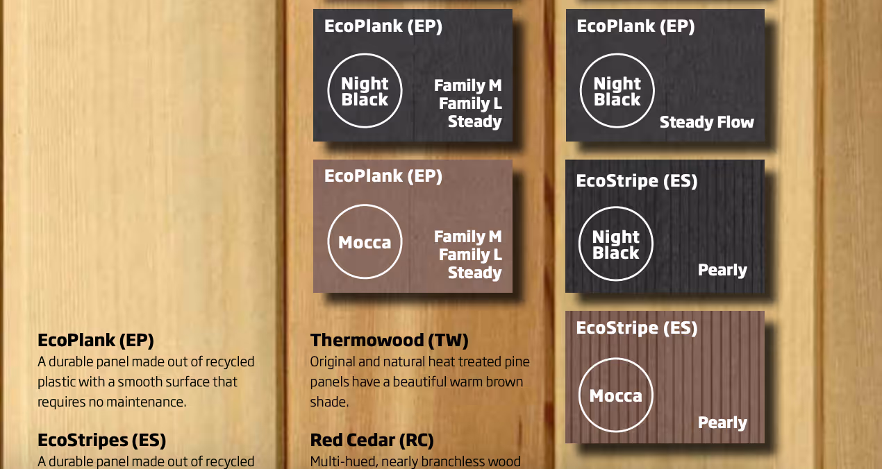 Wood flooring options displayed on a wooden background with four labeled samples: EcoPlank (Night Black and Mocca) and EcoStripe (Night Black and Mocca), accompanied by descriptions of EcoPlank, EcoStripes, Thermowood, and Red Cedar.