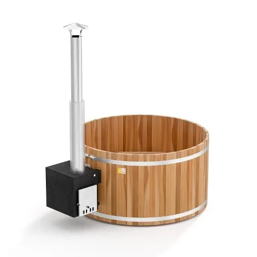 Wooden hot tub with metal bands and an attached black stove with a vertical silver chimney.