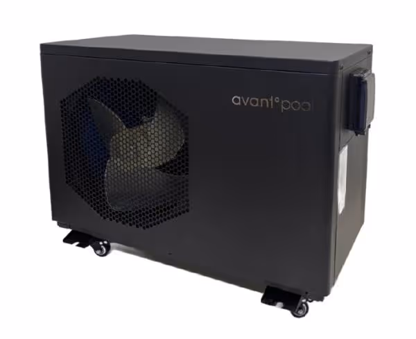 Black Avantopool air source heat pump unit with visible fan and caster wheels.