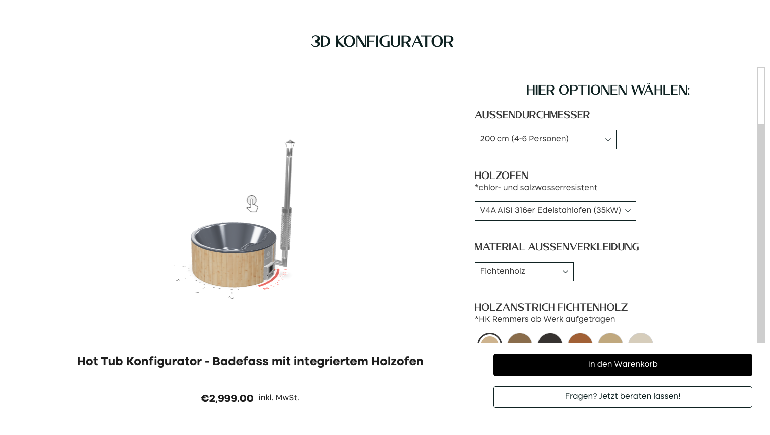 3D configurator interface showing a wooden hot tub with an integrated stainless steel wood stove and customization options for diameter, stove type, and exterior wood material.
