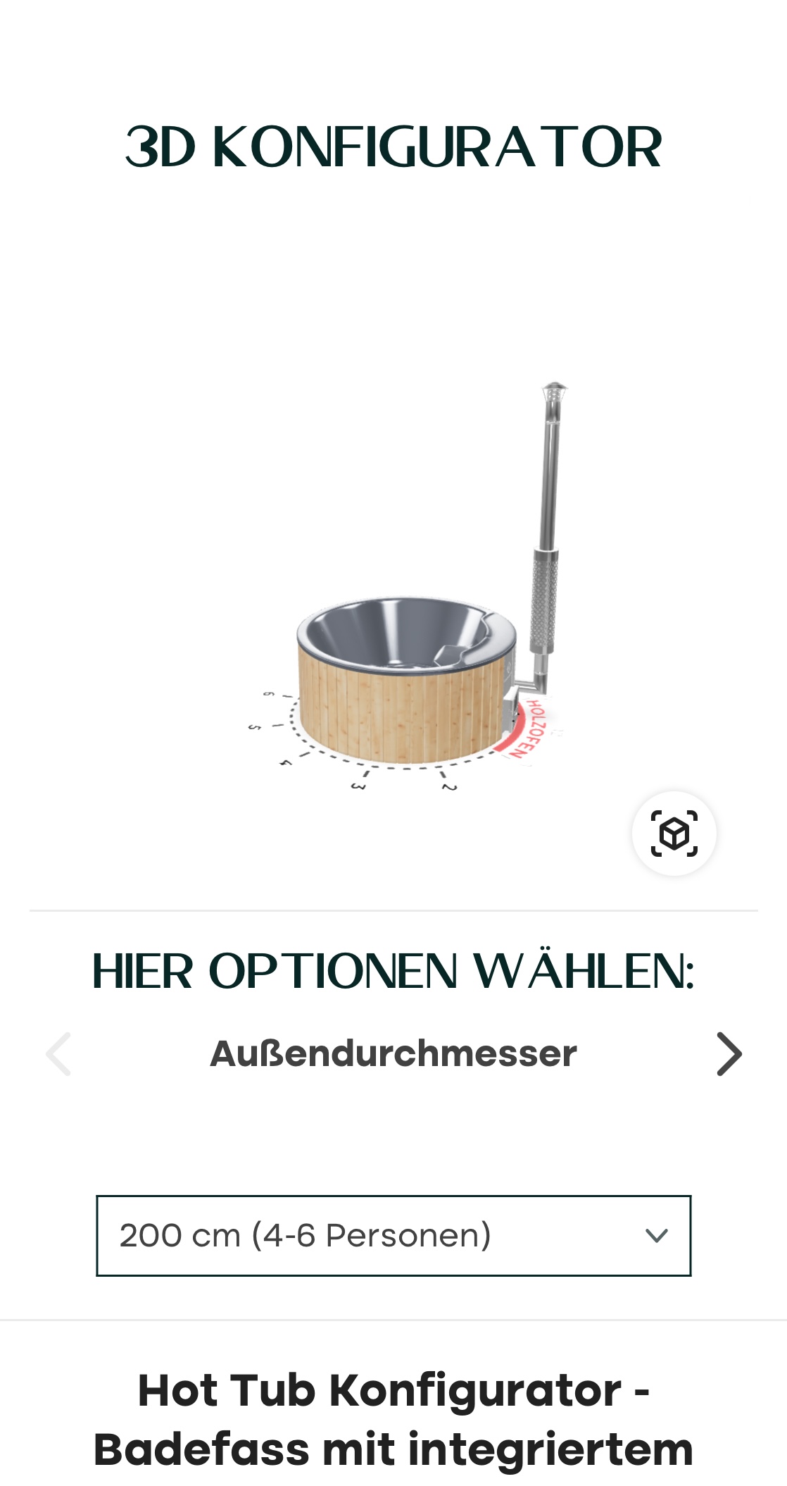 3D configurator interface showing a round hot tub with wooden exterior and a metal chimney, with options to select outer diameter size.