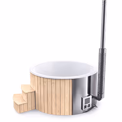 Wooden hot tub with metal exterior, steps, and attached chimney stove.
