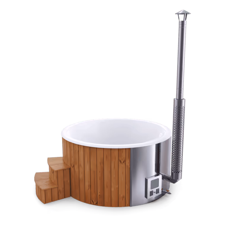 Round hot tub with outer wood paneling, stainless steel heater, and attached metal chimney, including wooden steps.