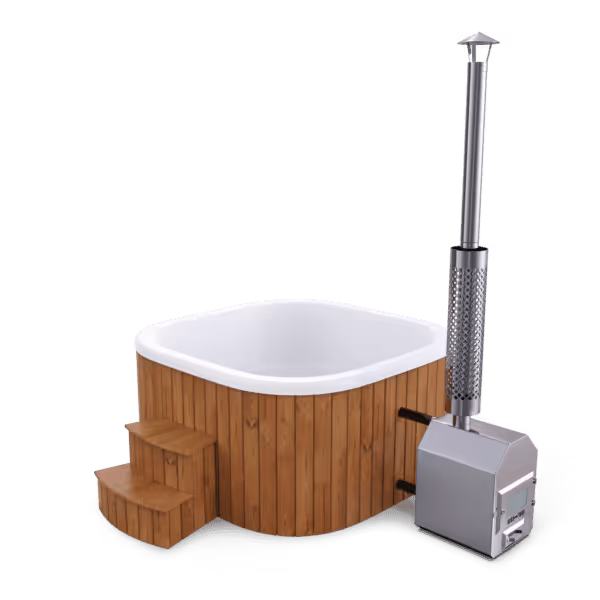 Wood-paneled rectangular hot tub with small wooden steps and a metal stove with chimney attached.