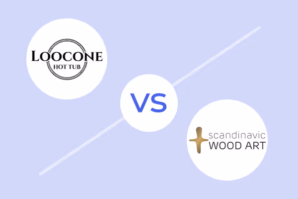 Comparison graphic showing Loocone Hot Tub logo on the left and Scandinavian Wood Art logo on the right with 'vs' in the center.