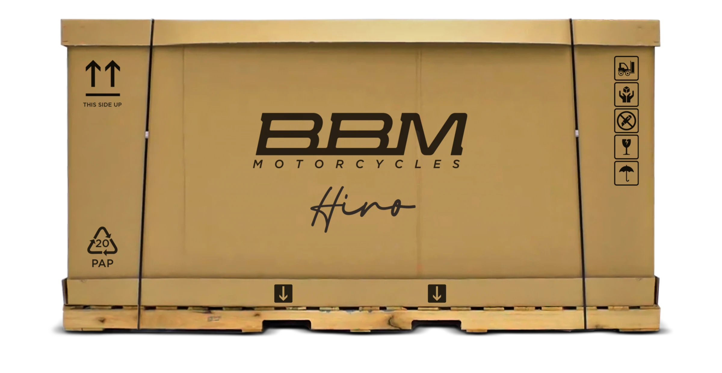 Large cardboard shipping box on a wooden pallet with BBM Motorcycles and Hiro branding, labeled with handling symbols and 'This Side Up' arrows.