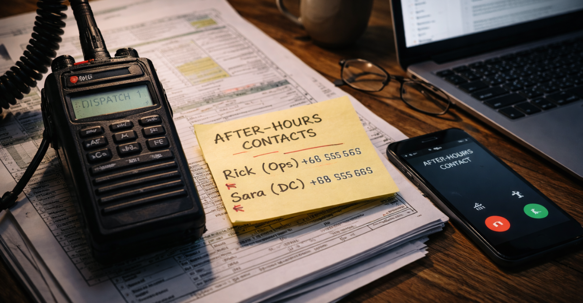 A desk with after-hours emergency contacts and a laptop