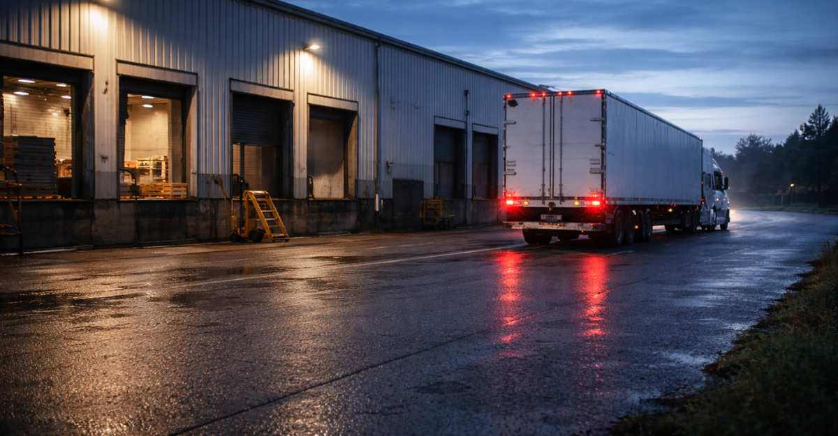 Truck pulling away from a facility Dock lights still on, sky just beginning to lighten