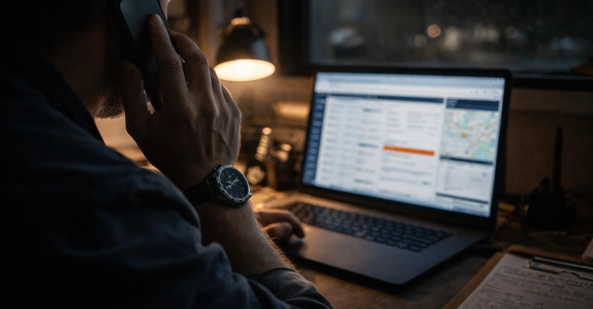 Close, over-the-shoulder view of a logistics operator on a phone call