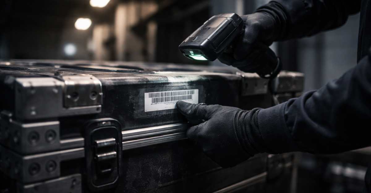Tight shot of hands scanning a crate or sealed equipment case