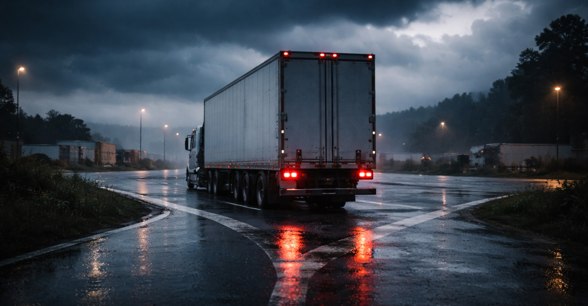 Truck paused at a literal or implied fork: intersection, yard, or terminal exit