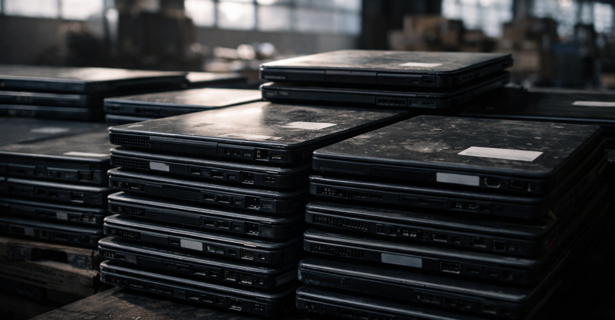 Refurbished laptops ostacked neatly but visibly used