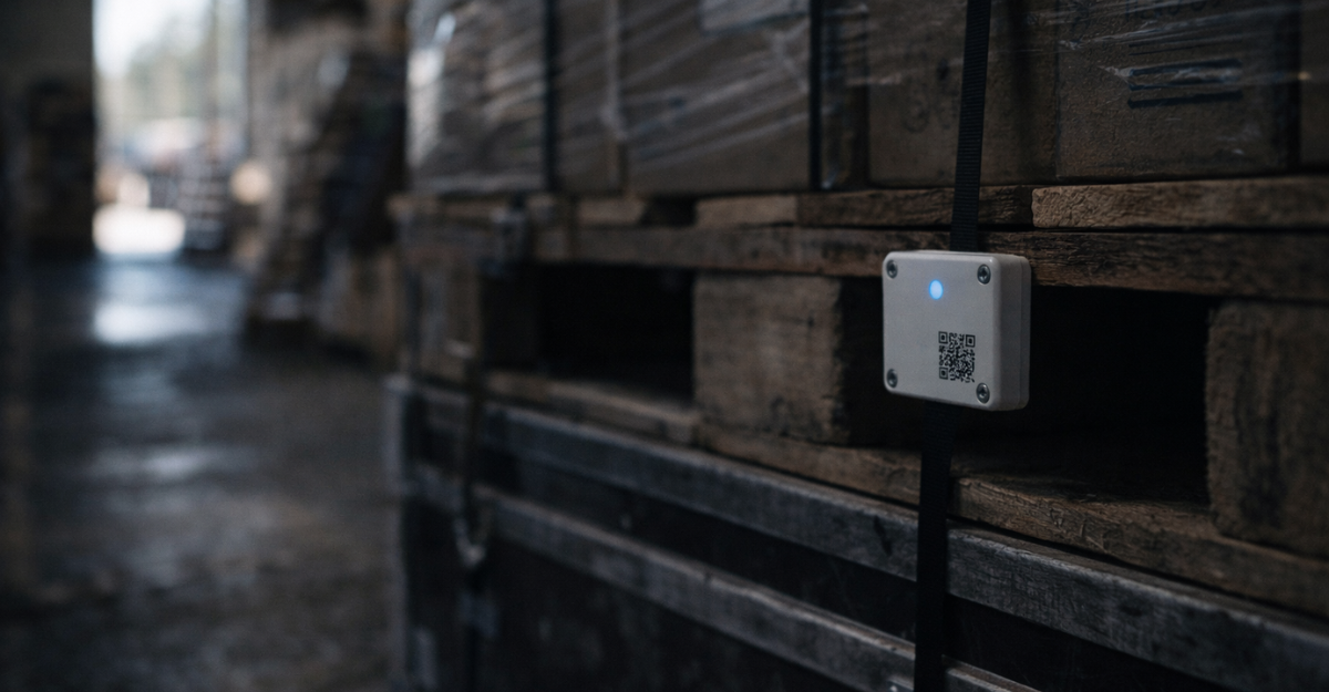 Small tracking or sensor device attached to crate or pallet