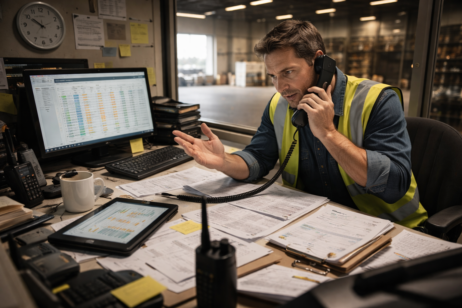Shipping office with a dispatcher on the phone at a cluttered desk, surrounded by schedules, paperwork, and communication equipment during a busy shift.