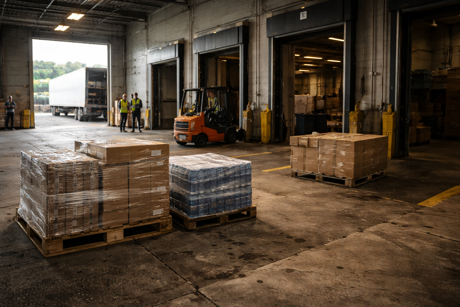 Warehouse dock floor with pallets staged for unloading, a parked forklift, an open trailer, and only a few workers visible in the distance.