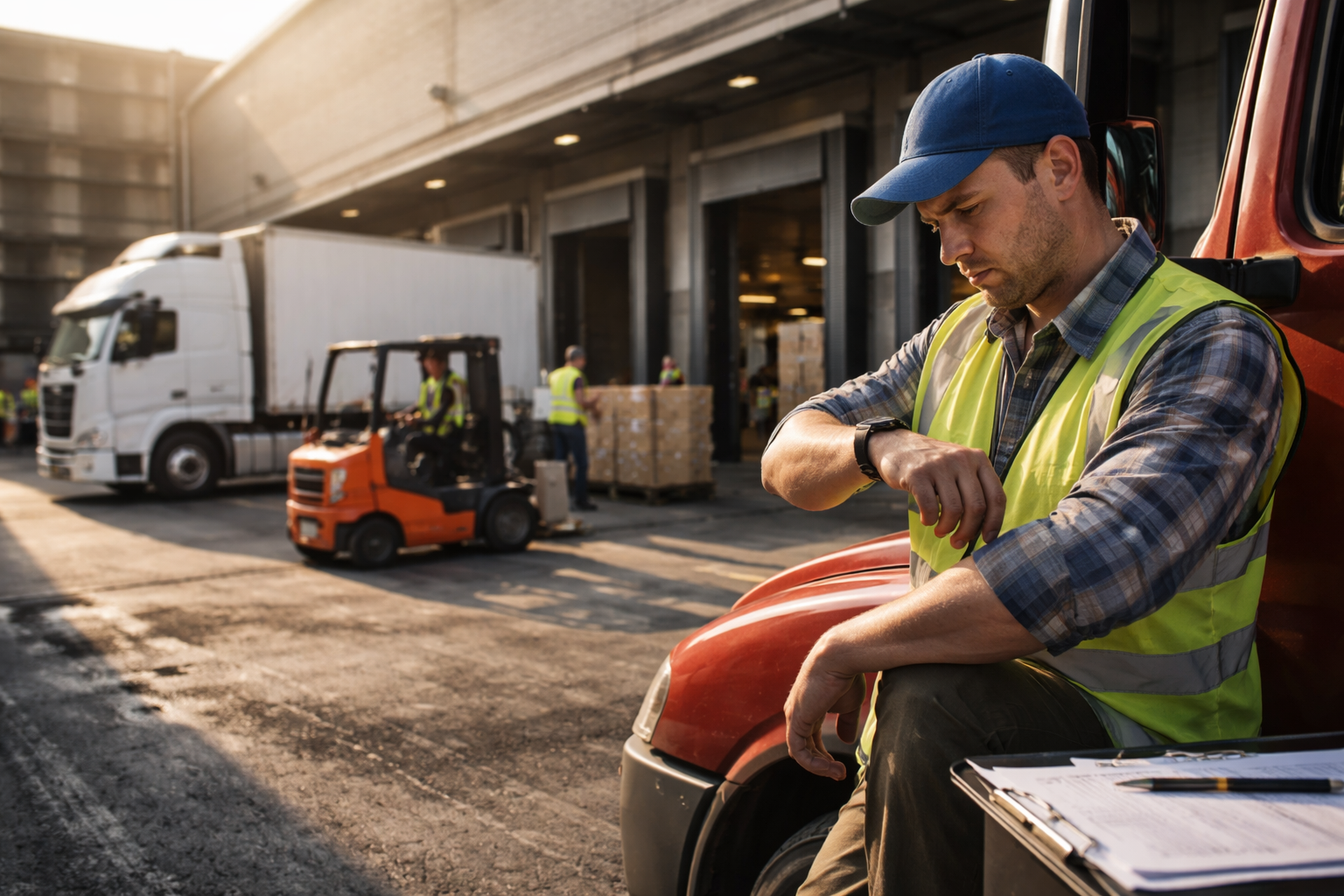 Truck driver waits at busy dock