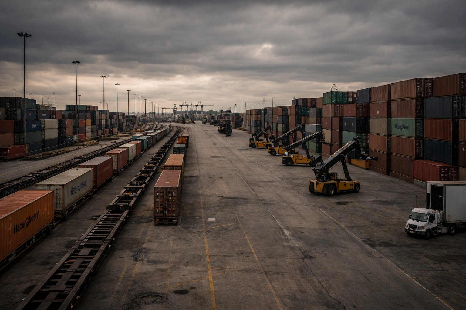 Overcast intermodal rail yard with stacked shipping containers, idle equipment, and a parked American tractor-trailer among long rows of freight.