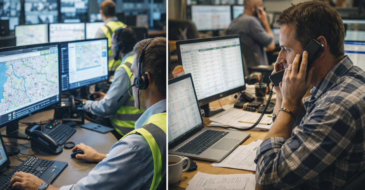 Comparison of asset-based carrier dispatch control room and freight broker coordination office.
