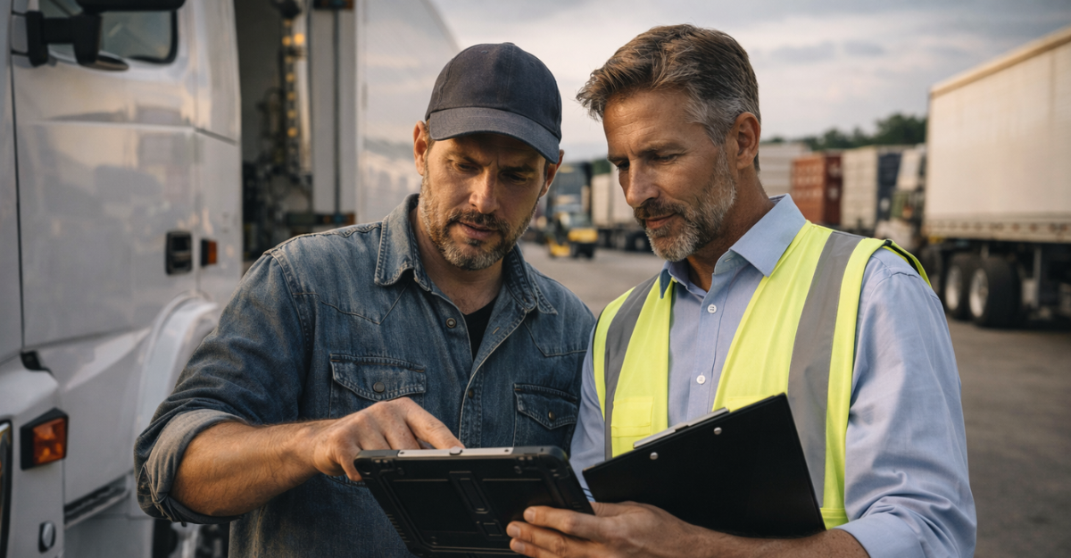Truck driver and logistics manager reviewing dispatch instructions beside semi truck.
