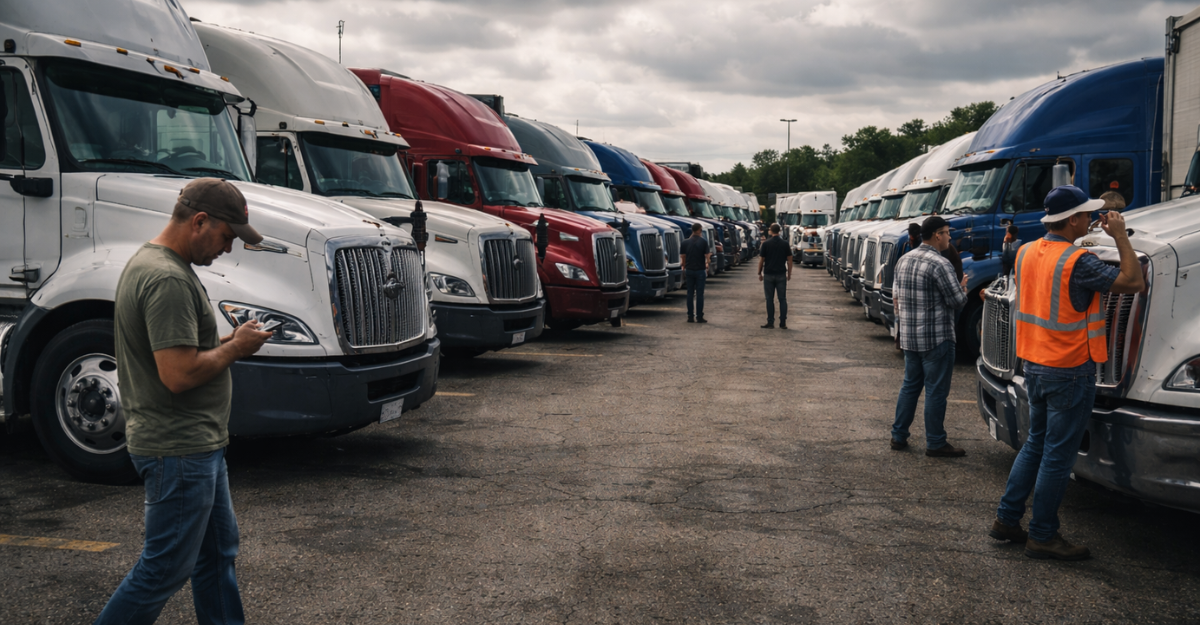 Rows of semi trucks waiting at freight staging area during high demand shipping cycle.