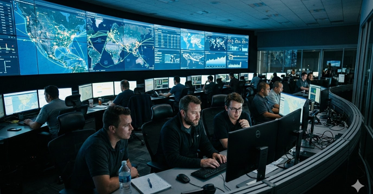 Logistics operations command center monitoring fleet tracking and freight movement data.