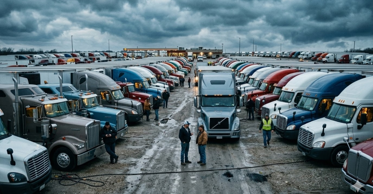 Rows of trucks waiting at staging area during high demand shipping cycle.