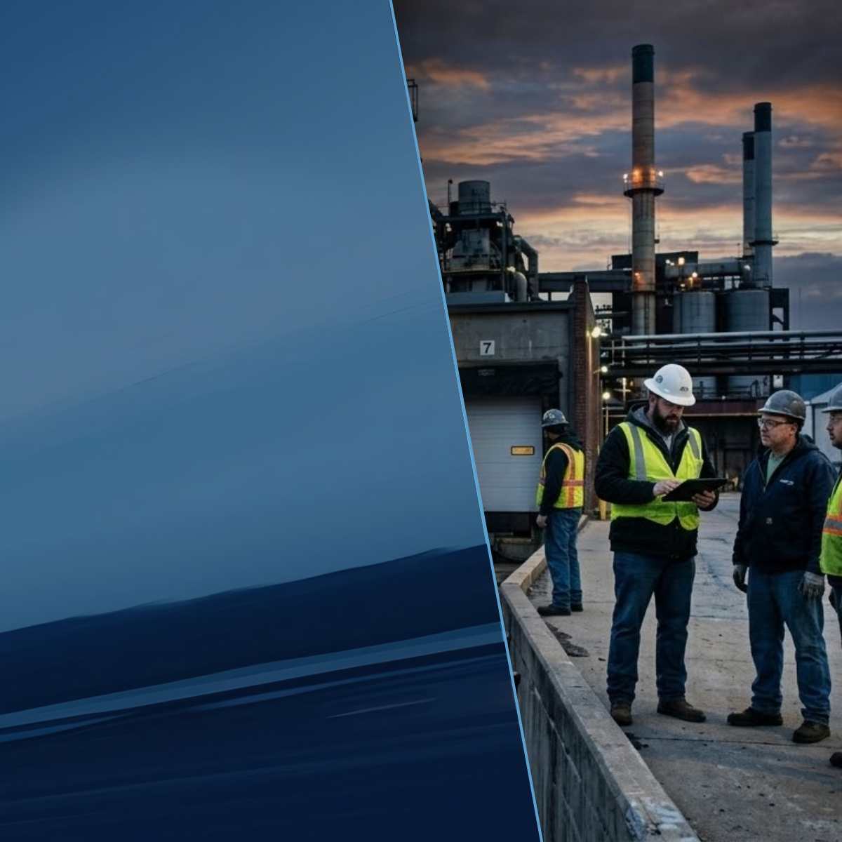 Semi truck delivering critical shipment to manufacturing facility at dawn with workers waiting at dock