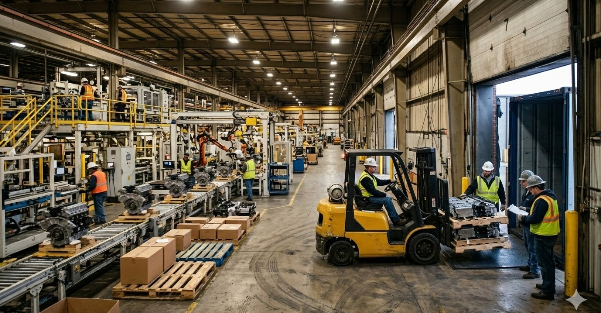 Forklift unloading components from truck while assembly line runs inside manufacturing plant
