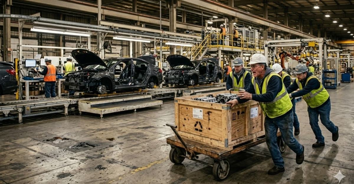 Factory technicians rushing critical parts to automotive assembly line