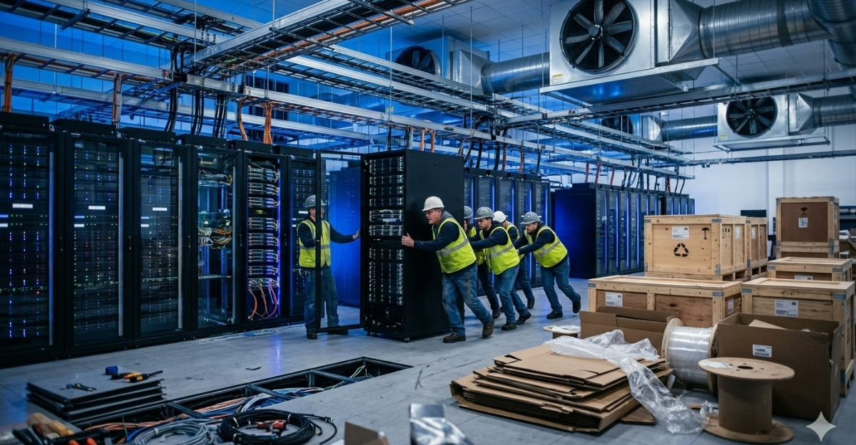 Technicians installing servers in data center with recently delivered equipment crates