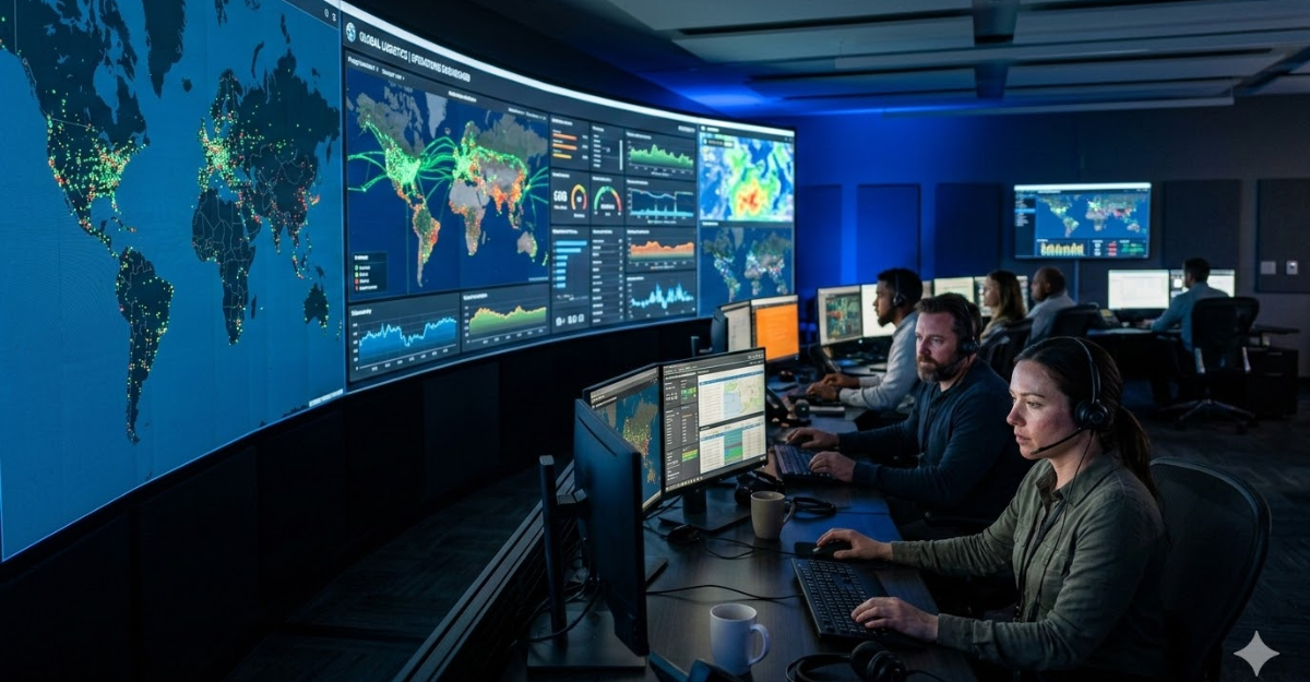 Logistics command center monitoring fleet movements and supply chain operations