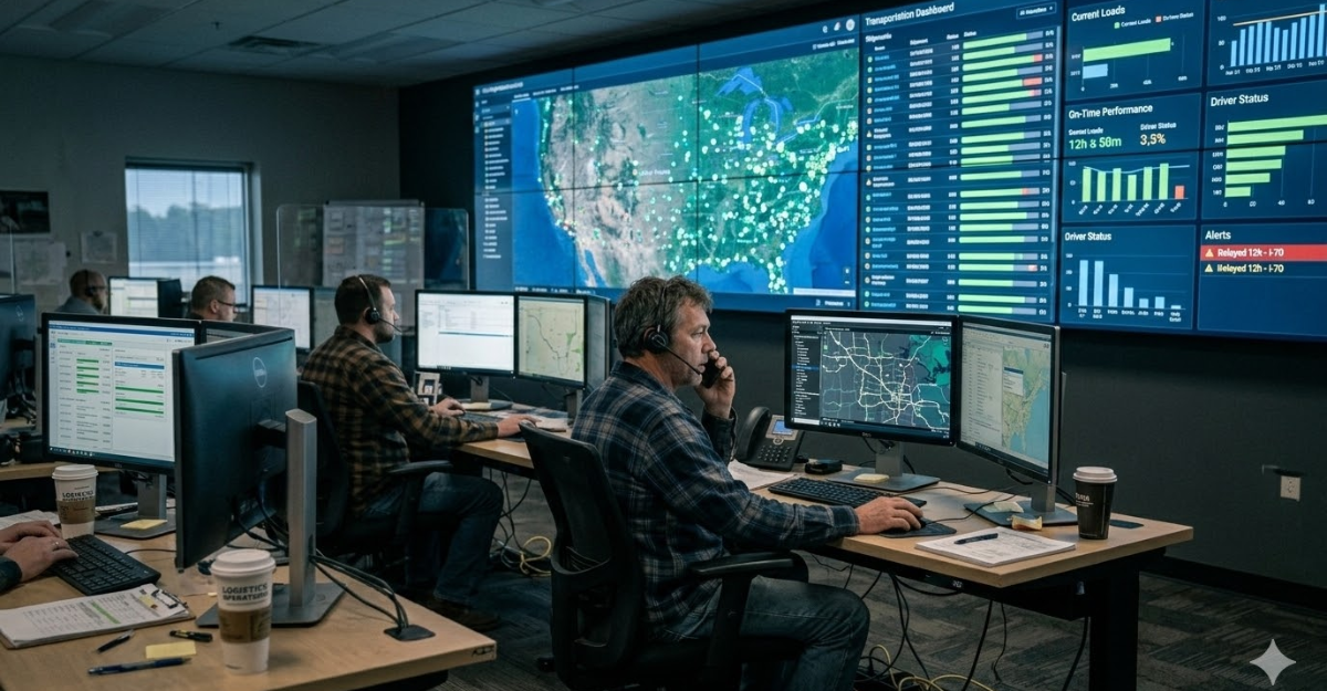 logistics control center monitoring truckload shipments using transportation management technology