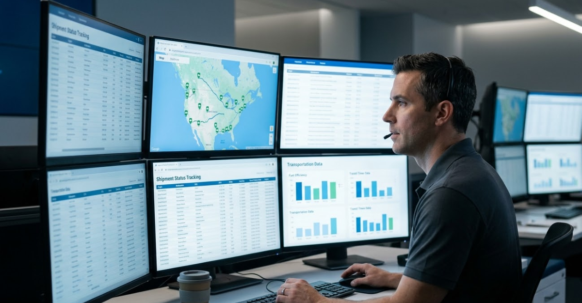 Logistics team monitoring expedited freight shipments and transportation routes in control center