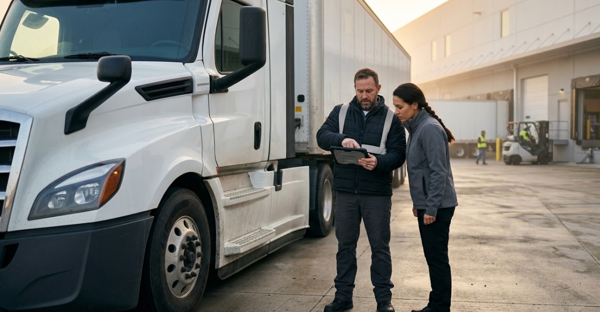 Logistics professionals reviewing expedited shipment details at truck loading site
