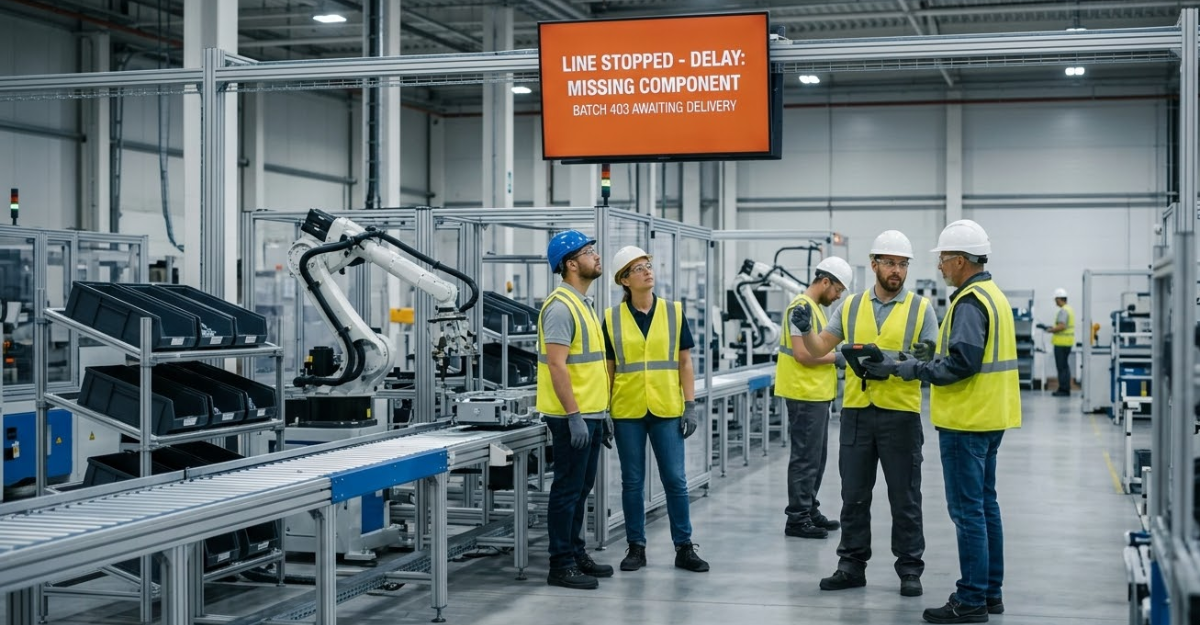 Manufacturing production line stopped due to missing part requiring expedited freight shipment