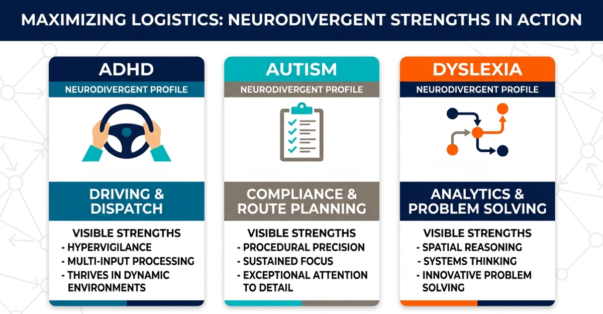 Infographic showing how ADHD, autism, and dyslexia map to specific logistics strengths: ADHD to driving and dispatch, autism to compliance and route planning, dyslexia to analytics and systems thinking