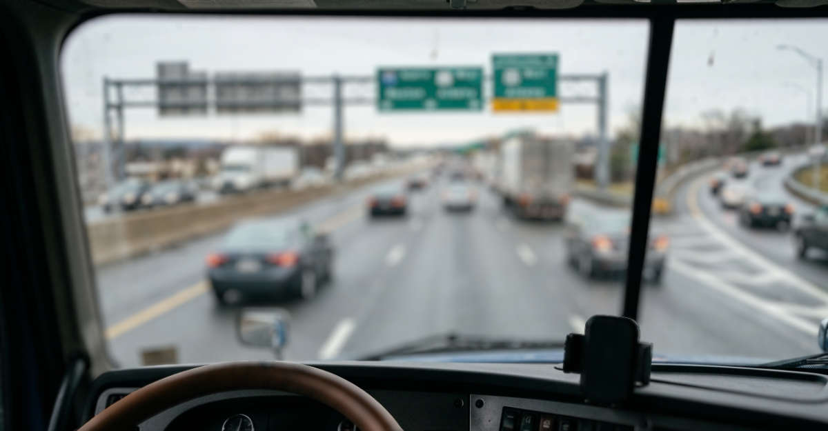 View from inside a truck cab showing a complex highway traffic environment with multiple vehicles, merging lanes, and road conditions that require simultaneous attention