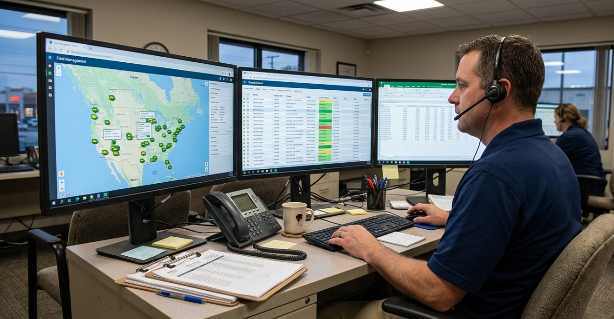 Logistics dispatcher working across multiple screens displaying fleet data, route maps, and operational dashboards in a carrier operations center