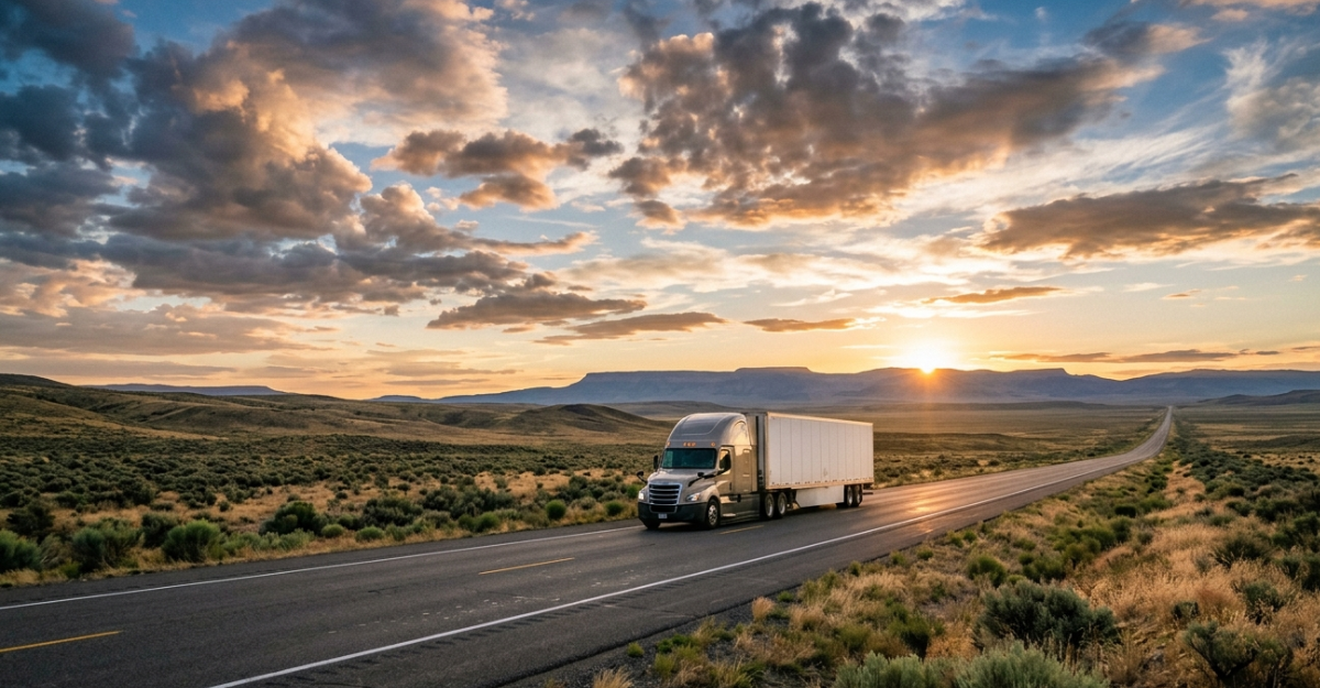 Commercial truck on an open highway stretching toward the horizon under a wide sky, illustrating the operational autonomy that many neurodivergent drivers find optimal